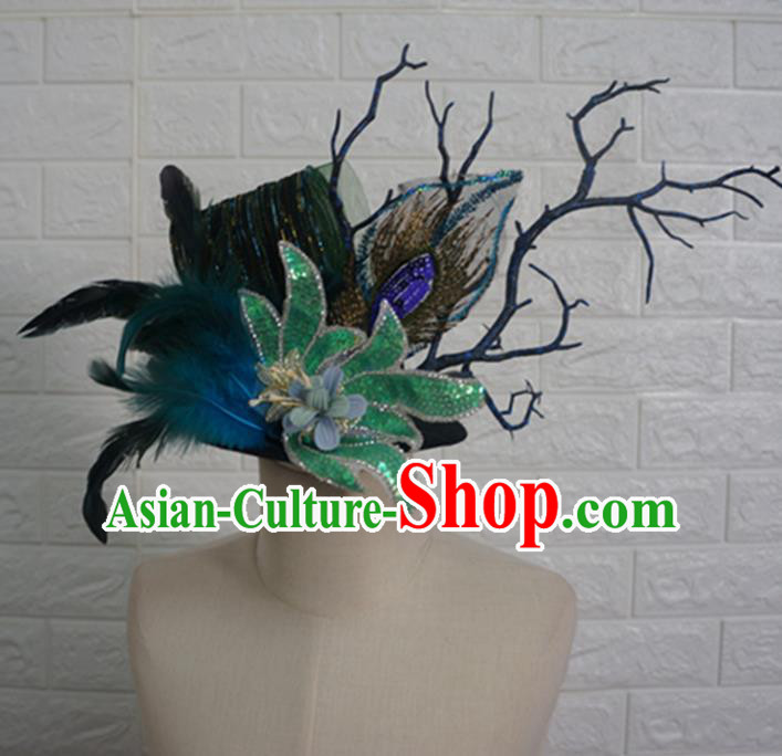Top Grade Handmade Stage Show Hair Accessories Halloween Cosplay Green Flower Feather Top Hat Headwear for Kids