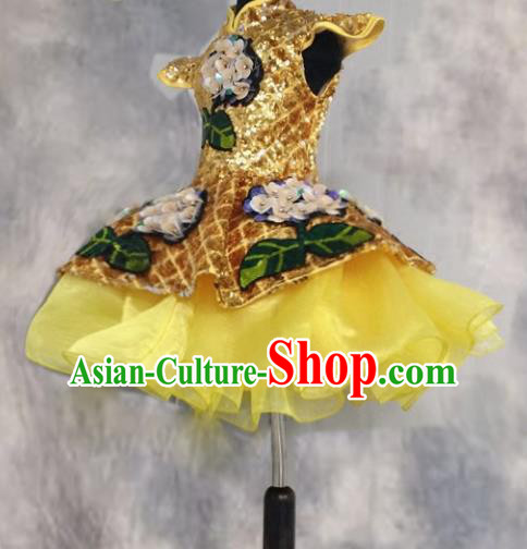 Chinese Stage Performance Golden Paillette Full Dress Catwalks Modern Fancywork Dance Costume for Kids