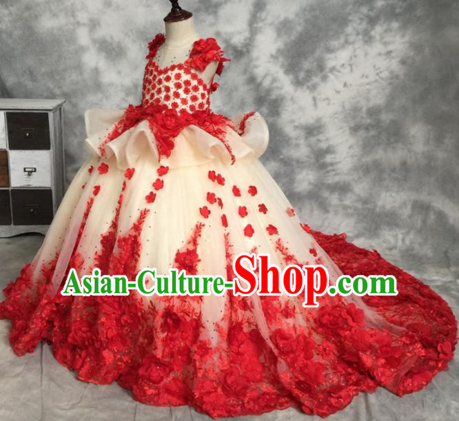 Top Grade Catwalks Stage Show Embroidered Rose Red Trailing Dress Modern Fancywork Compere Court Princess Dance Costume for Kids