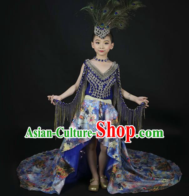 Top Grade Catwalks Stage Show Printing Blue Trailing Dress Modern Fancywork Compere Court Princess Dance Costume for Kids