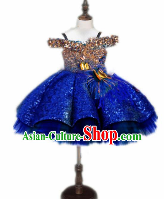 Top Grade Stage Show Costume Catwalks Princess Royalblue Paillette Bubble Full Dress for Kids
