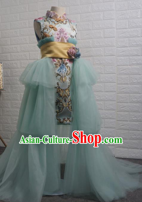 Top Grade Chinese Stage Show Costume Catwalks Green Qipao Full Dress for Kids
