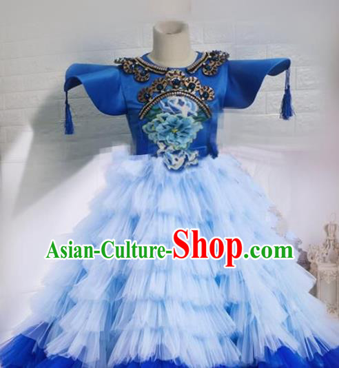 Top Grade Chinese Stage Show Costume Catwalks Dance Blue Full Dress for Kids