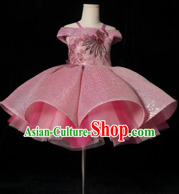 Top Grade Stage Show Dance Compere Pink Bubble Veil Full Dress Catwalks Court Princess Costume for Kids