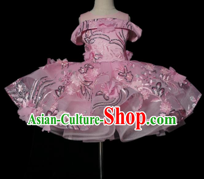 Top Grade Stage Show Compere Pink Short Full Dress Catwalks Court Princess Dance Costume for Kids
