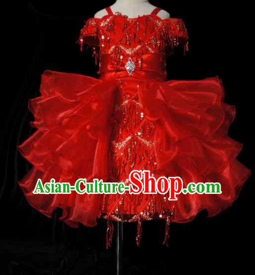 Top Grade Modern Fancywork Compere Red Bubble Dress Catwalks Court Princess Stage Show Dance Costume for Kids