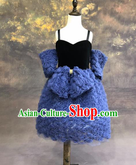 Professional Catwalks Stage Show Dance Blue Roses Dress Modern Fancywork Compere Court Princess Costume for Kids