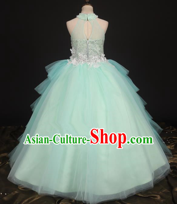 Professional Girls Compere Light Blue Veil Full Dress Modern Fancywork Catwalks Stage Show Costume for Kids