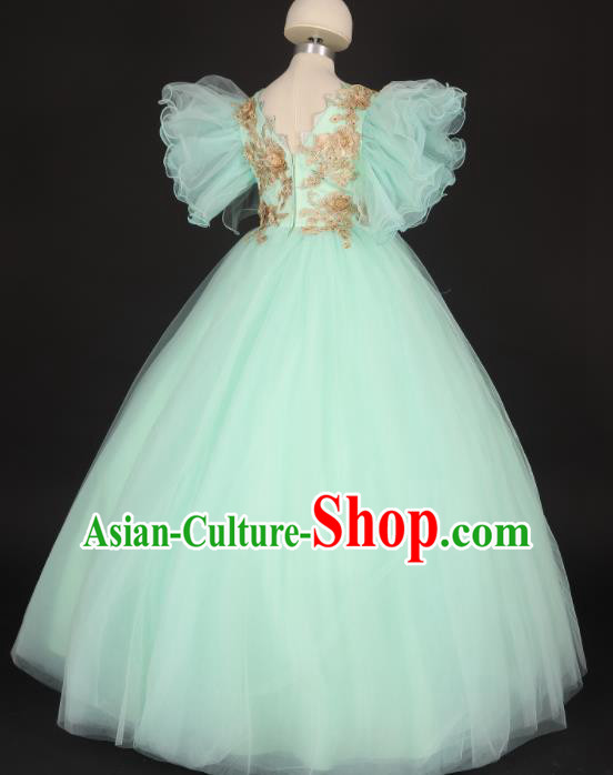 Professional Girls Compere Light Green Veil Full Dress Modern Fancywork Catwalks Stage Show Costume for Kids