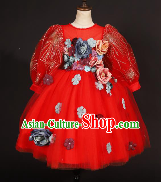 Professional Girls Compere Red Veil Full Dress Modern Fancywork Catwalks Stage Show Costume for Kids