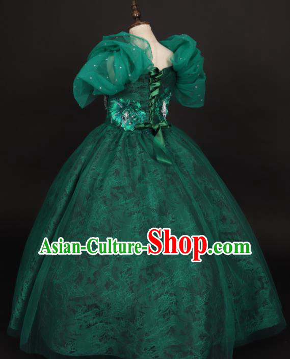 Professional Girls Compere Deep Green Veil Full Dress Modern Fancywork Catwalks Stage Show Costume for Kids