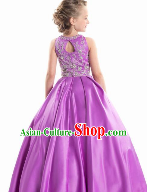 Professional Girls Compere Purple Full Dress Modern Fancywork Catwalks Stage Show Costume for Kids