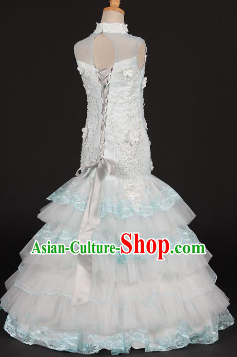 Professional Girls Compere White Mermaid Full Dress Modern Fancywork Catwalks Stage Show Costume for Kids