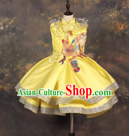 Professional Catwalks Stage Show Dance Yellow Dress Modern Fancywork Compere Court Princess Costume for Kids