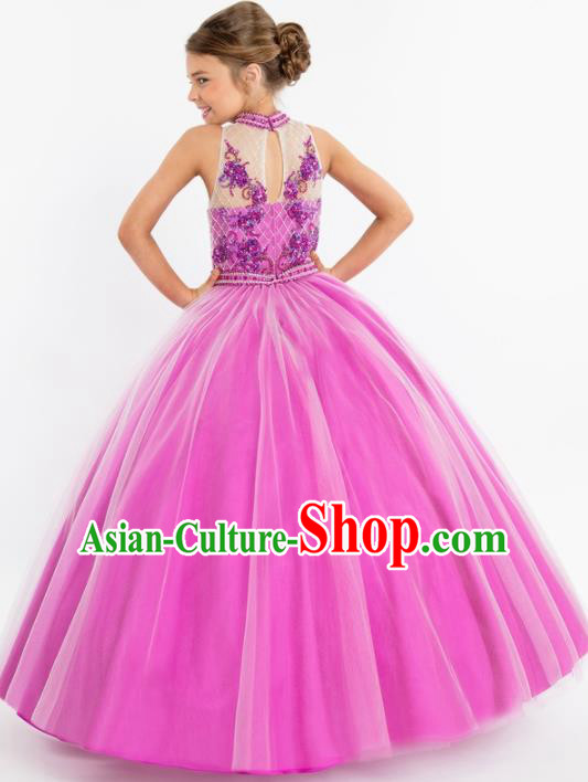 Professional Girls Compere Rosy Veil Long Full Dress Modern Fancywork Catwalks Stage Show Costume for Kids
