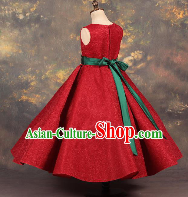 Professional Catwalks Stage Show Dance Red Dress Modern Fancywork Compere Court Princess Costume for Kids