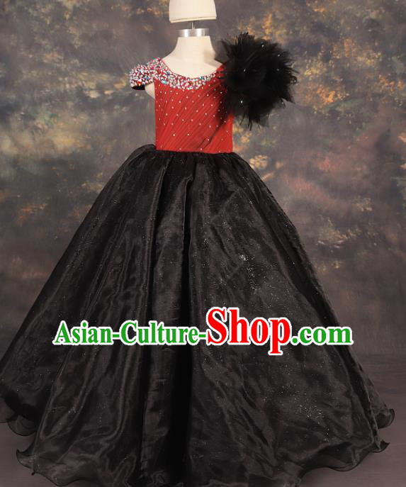 Professional Catwalks Stage Show Dance Black Veil Long Dress Modern Fancywork Compere Court Princess Costume for Kids
