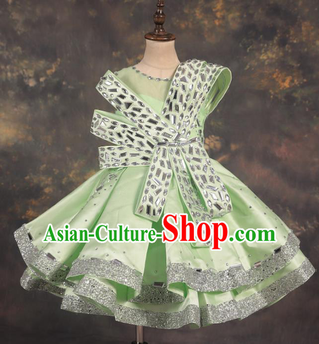 Professional Catwalks Stage Show Dance Crystal Green Dress Modern Fancywork Compere Court Princess Costume for Kids