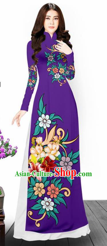 Asian Vietnam Traditional Printing Flowers Purple Aodai Cheongsam Vietnamese Bride Classical Qipao Dress for Women