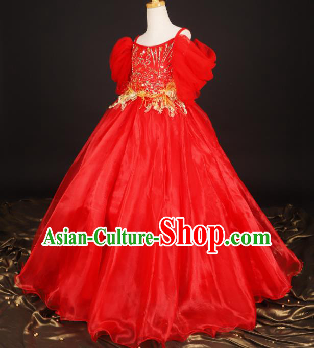 Professional Girls Compere Waltz Dance Red Full Dress Modern Fancywork Catwalks Stage Show Costume for Kids