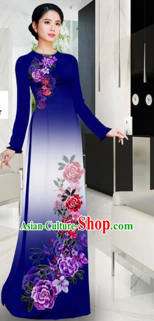 Asian Printing Roses Navy Aodai Cheongsam Vietnam Traditional Costume Vietnamese Bride Classical Qipao Dress for Women