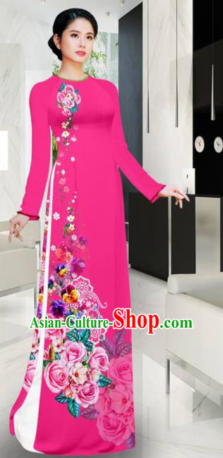 Asian Vietnam Printing Roses Rosy Aodai Cheongsam Traditional Costume Vietnamese Bride Classical Qipao Dress for Women