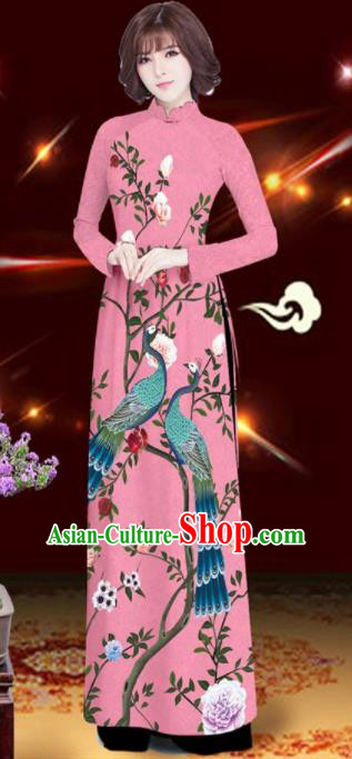 Asian Vietnam Printing Peacock Rose Pink Aodai Cheongsam Traditional Costume Vietnamese Bride Classical Qipao Dress for Women