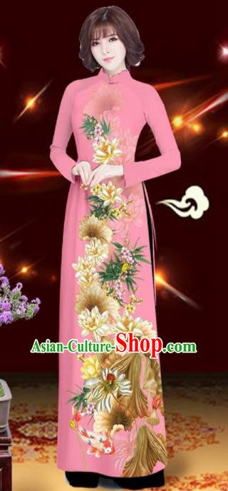 Asian Vietnam Printing Lotus Pink Aodai Cheongsam Traditional Costume Vietnamese Bride Classical Qipao Dress for Women