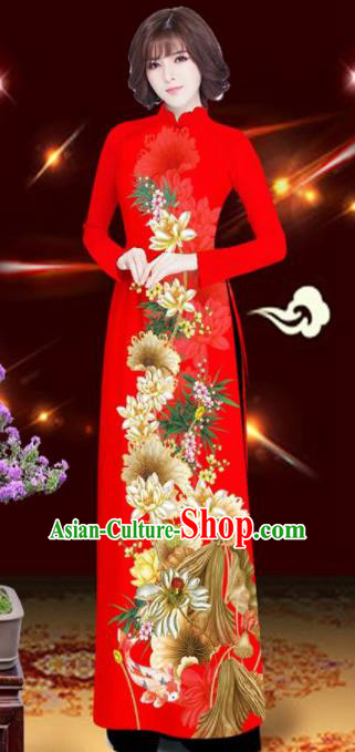 Asian Vietnam Printing Lotus Red Aodai Cheongsam Traditional Costume Vietnamese Bride Classical Qipao Dress for Women