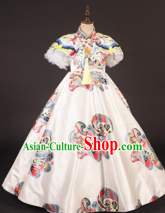 Chinese Stage Performance Catwalks White Satin Full Dress Modern Fancywork Dance Costume for Kids