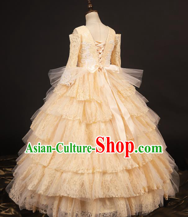 Professional Girls Catwalks Waltz Dance Champagne Lace Dress Modern Fancywork Compere Stage Show Costume for Kids