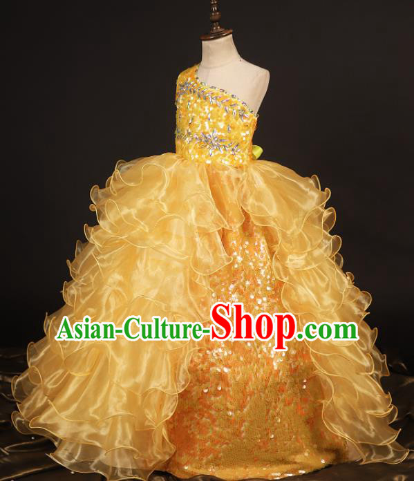 Professional Girls Catwalks Waltz Dance Yellow Veil Dress Modern Fancywork Compere Stage Show Costume for Kids