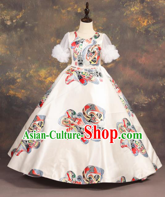 Chinese Stage Performance Catwalks Embroidered White Full Dress Modern Fancywork Dance Costume for Kids