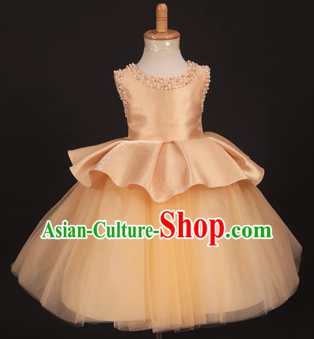 Professional Girls Catwalks Golden Veil Short Dress Modern Fancywork Compere Stage Show Costume for Kids