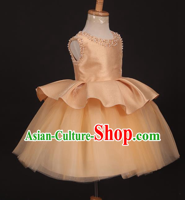 Professional Girls Catwalks Golden Veil Short Dress Modern Fancywork Compere Stage Show Costume for Kids