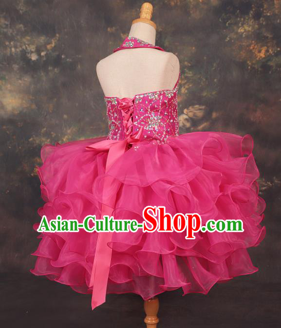 Professional Girls Catwalks Modern Fancywork Rosy Veil Short Dress Compere Stage Show Costume for Kids