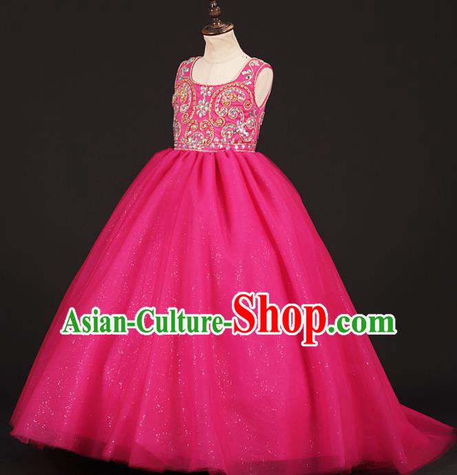 Professional Girls Modern Fancywork Rosy Shimmer Veil Dress Catwalks Compere Stage Show Costume for Kids