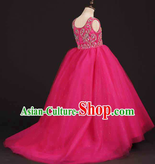 Professional Girls Modern Fancywork Rosy Shimmer Veil Dress Catwalks Compere Stage Show Costume for Kids