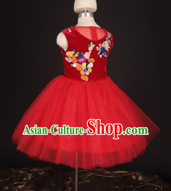 Professional Girls Modern Fancywork Red Veil Bubble Dress Catwalks Compere Stage Show Costume for Kids