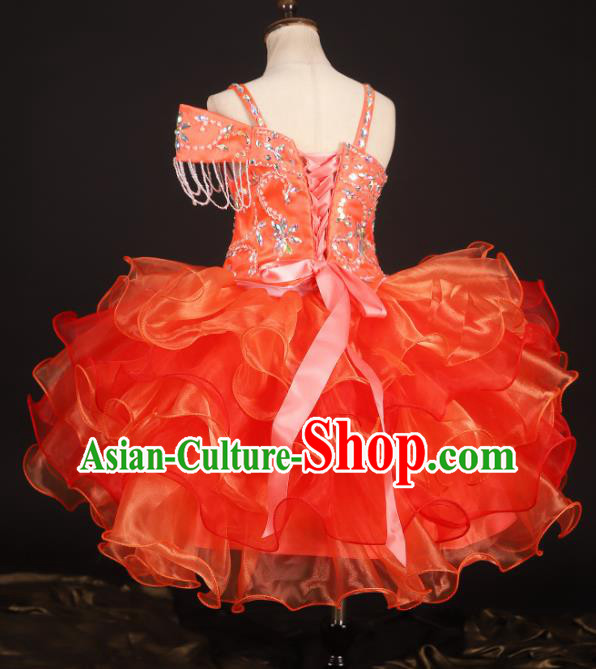 Professional Girls Modern Fancywork Red Single Shoulder Dress Catwalks Compere Stage Show Costume for Kids