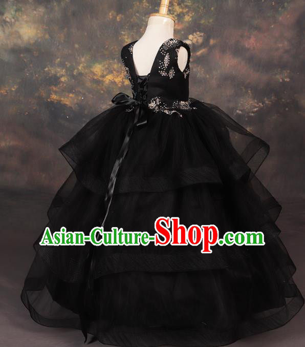 Professional Girls Modern Fancywork Black Veil Dress Catwalks Compere Stage Show Costume for Kids