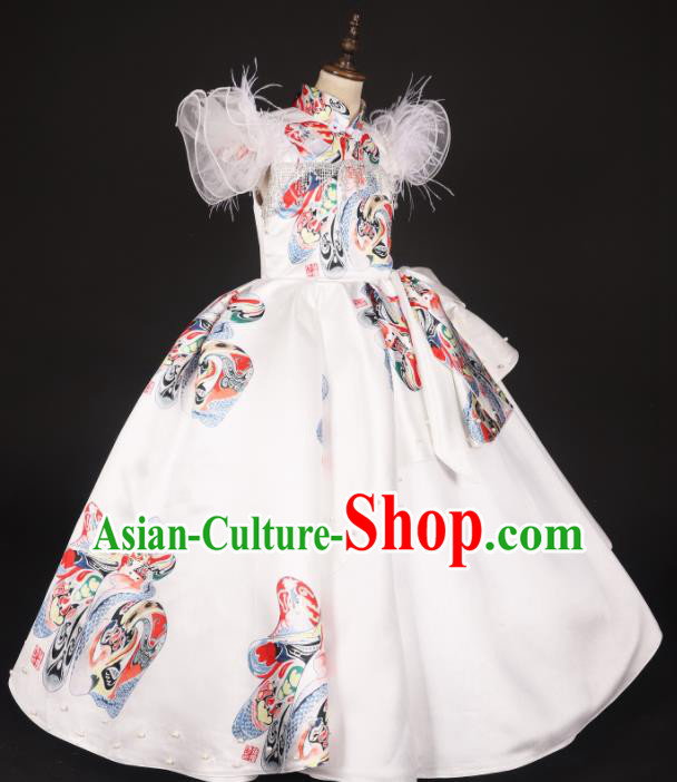 Chinese Stage Performance Folk Dance Catwalks White Full Dress Modern Fancywork Dance Costume for Kids
