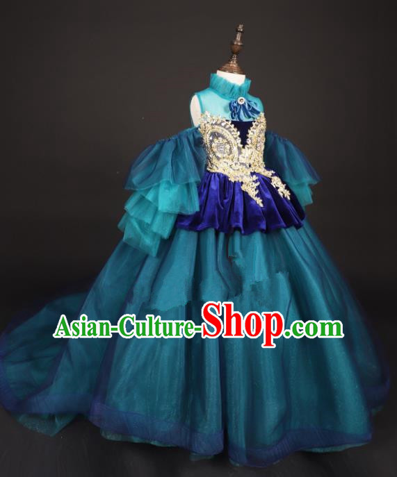 Professional Girls Modern Fancywork Blue Full Dress Catwalks Compere Stage Show Costume for Kids