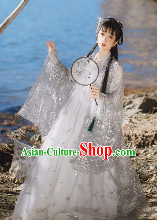 Chinese Traditional Ancient Peri Goddess Grey Hanfu Dress Tang Dynasty Court Princess Historical Costume for Women