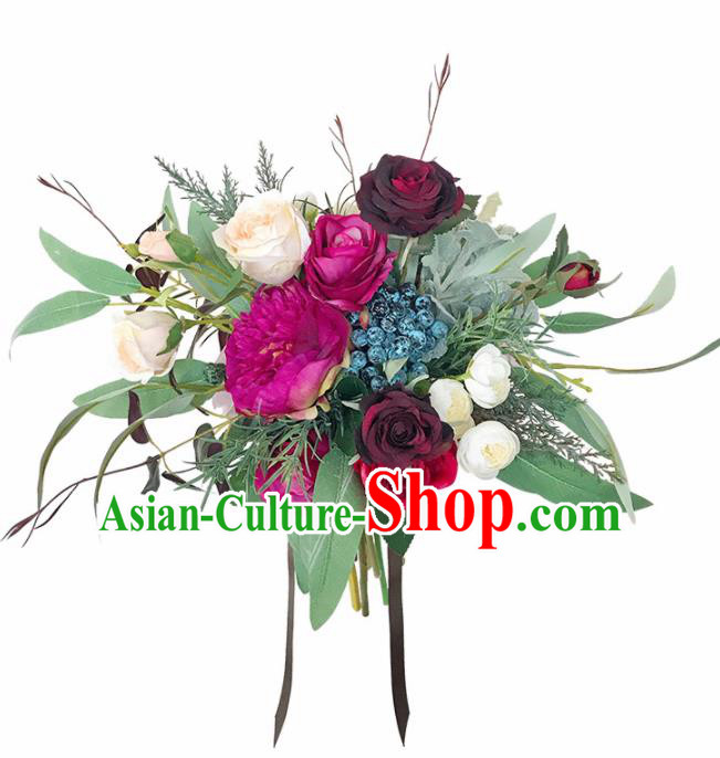 Handmade Classical Wedding Bride Holding Emulational Flowers Peony Flowers Ball Hand Tied Bouquet Flowers for Women
