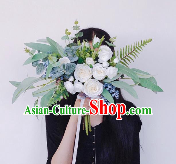 Handmade Classical Wedding Bride Holding Emulational Flowers White Rose Flowers Ball Hand Tied Bouquet Flowers for Women
