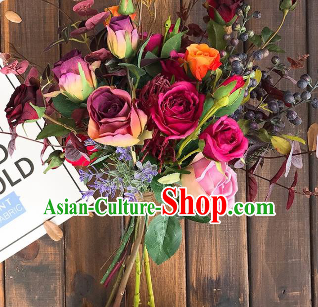 Handmade Classical Wedding Bride Holding Emulational Wine Red Rose Flowers Ball Hand Tied Bouquet Flowers for Women