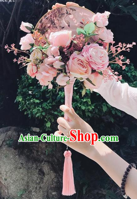 Handmade Chinese Classical Wedding Palace Fans Bride Holding Pink Peony Round Fans for Women