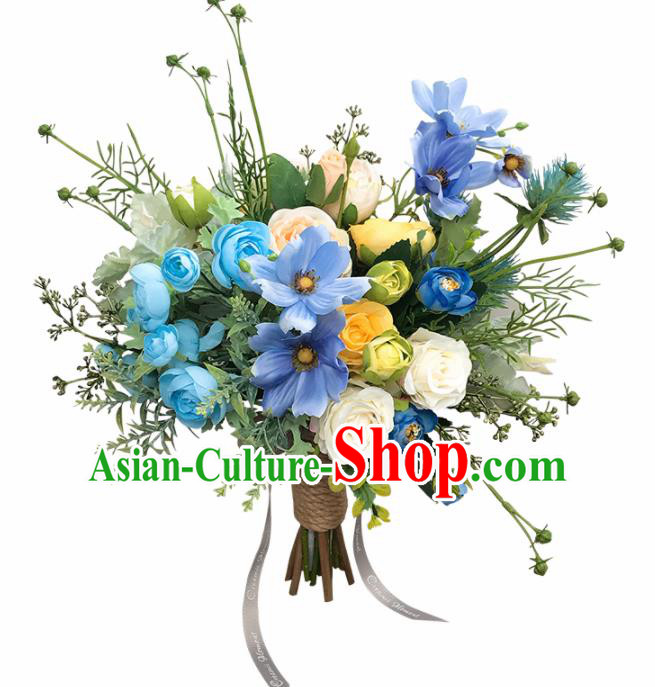 Handmade Classical Wedding Bride Holding Emulational Blue Flowers Ball Hand Tied Bouquet Flowers for Women