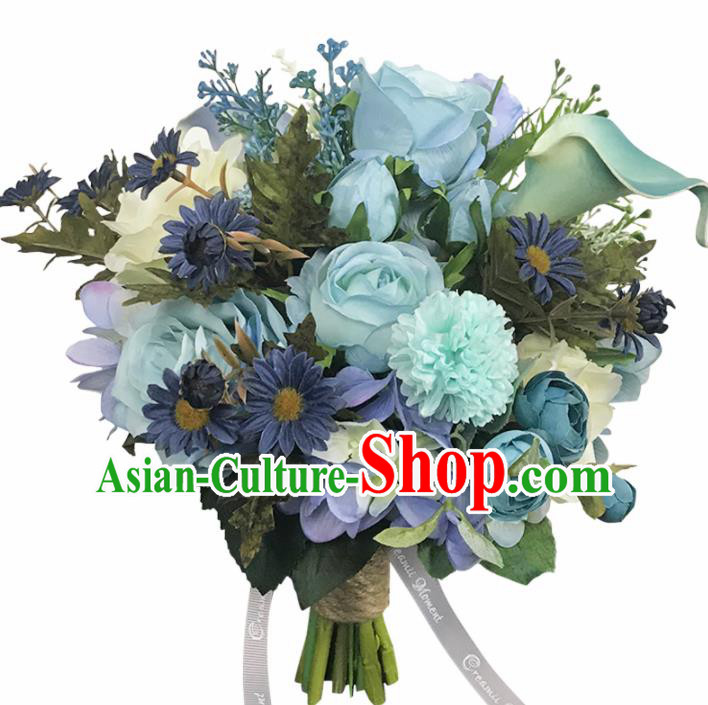 Handmade Wedding Bride Holding Emulational Classical Blue Flowers Ball Hand Tied Bouquet Flowers for Women